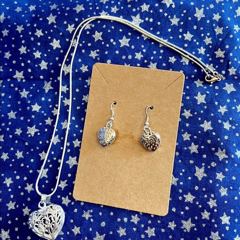 Silver heart necklace and earrings